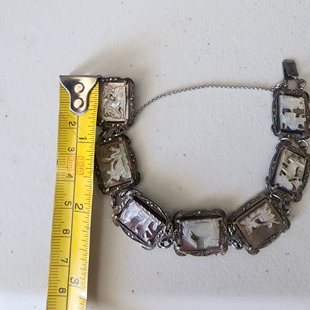 Antique Art Deco Mother Of Pearl Cameo Sterling Silver Bracelet Marcasite - Picture 10 of 10